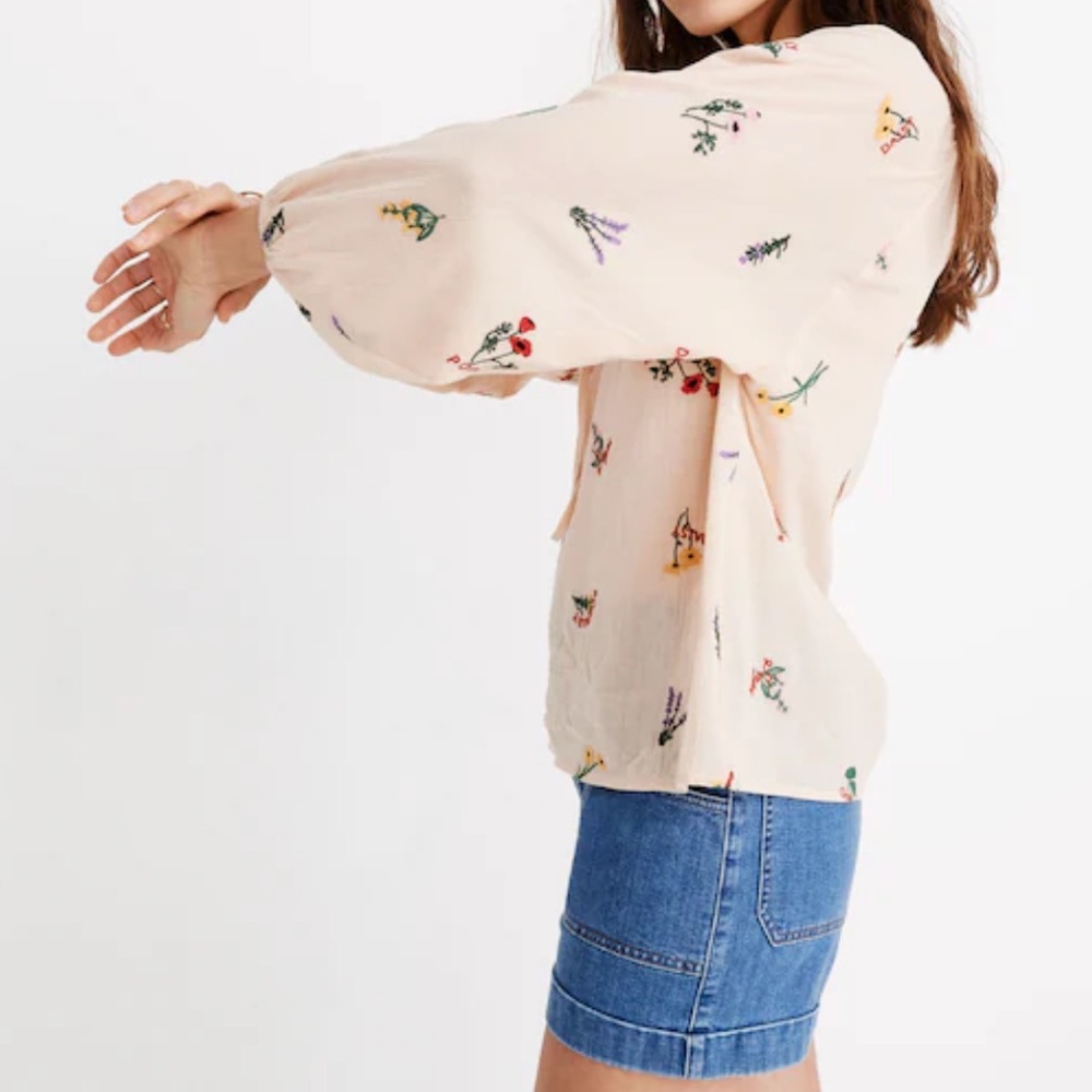SALE! Madewell Botanical Embroidered Gauzy Cotton Tie-Neck Peasant Top Small - Picture 7 of 11